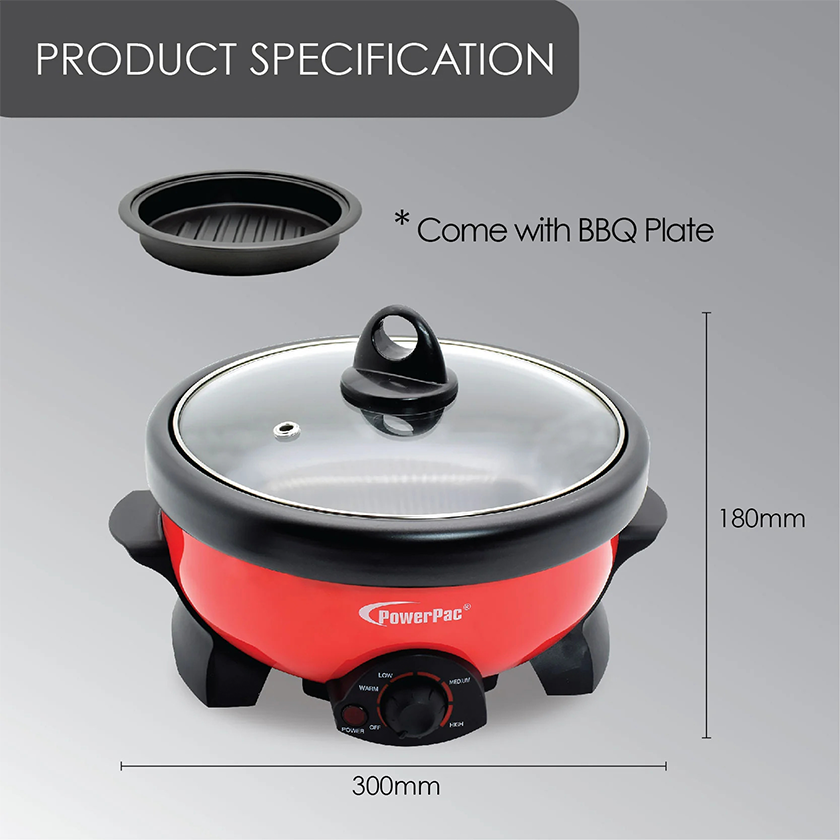 PowerPac 2 In 1 Multi Cooker With Steam Boat & BBQ Function